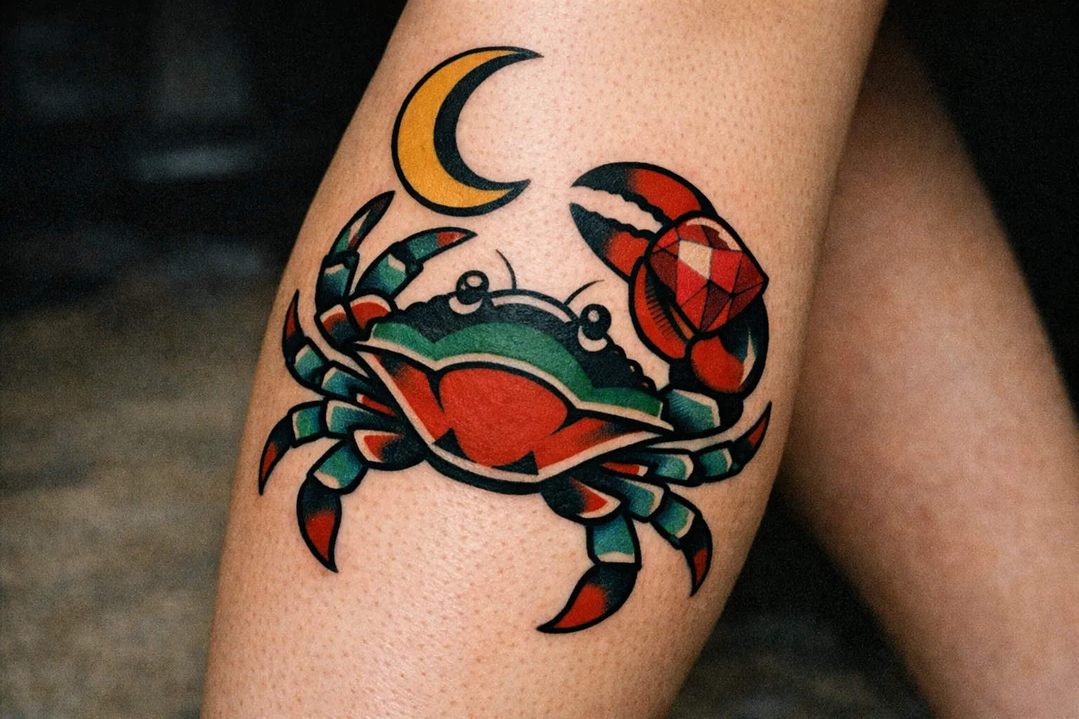 A colorful crab tattoo with a crescent moon on a person's calf.