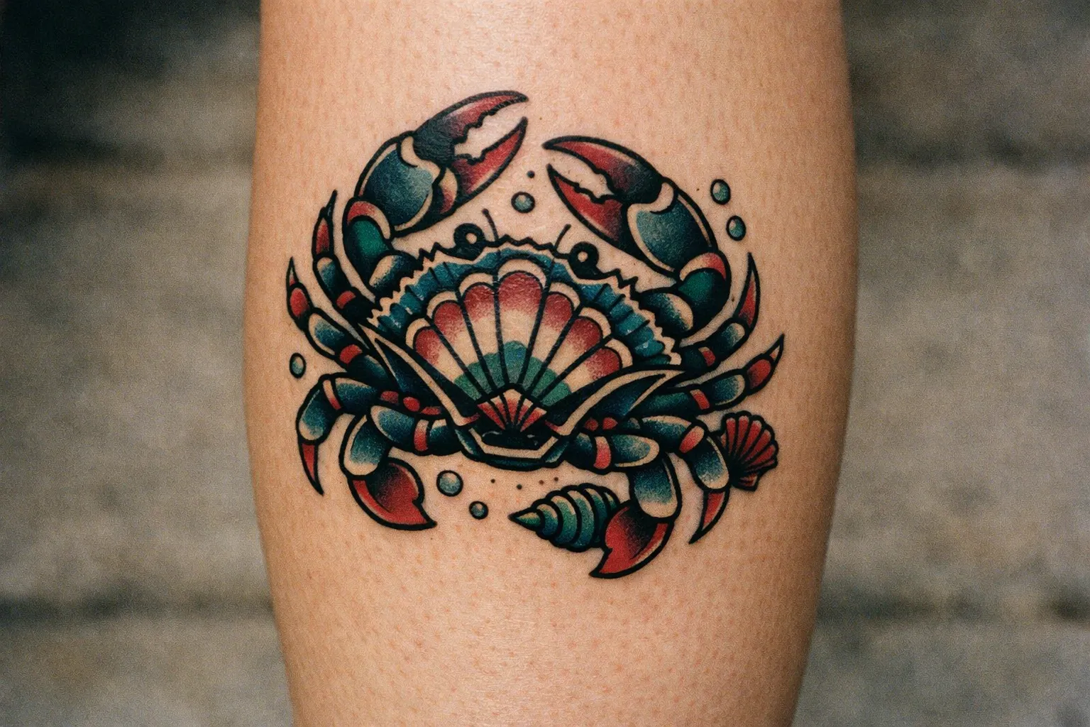 A colorful crab tattoo is inked on a person's leg.
