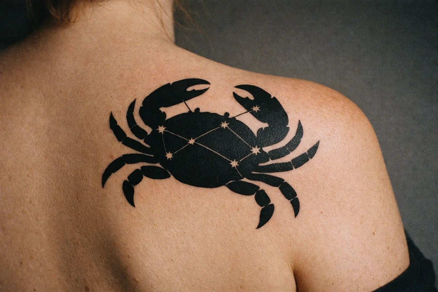 A person with a large black crab tattoo, featuring a constellation, on their upper back.