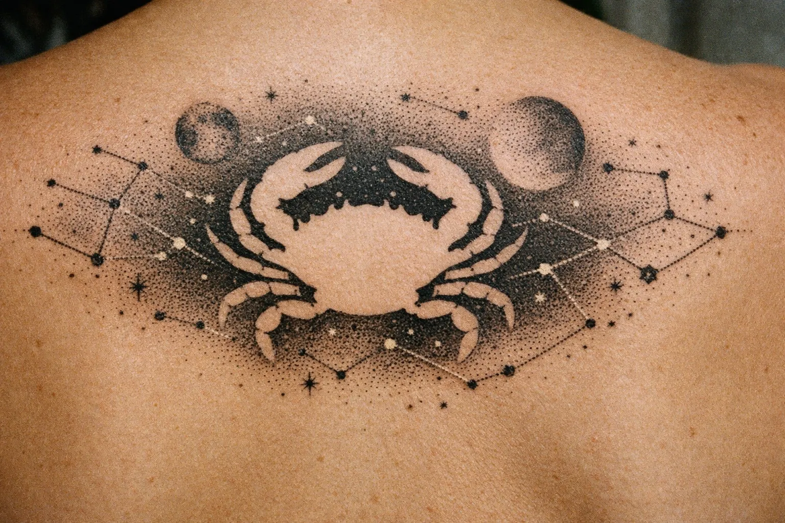 A large crab tattoo with constellations and planets covers the upper back of a person.