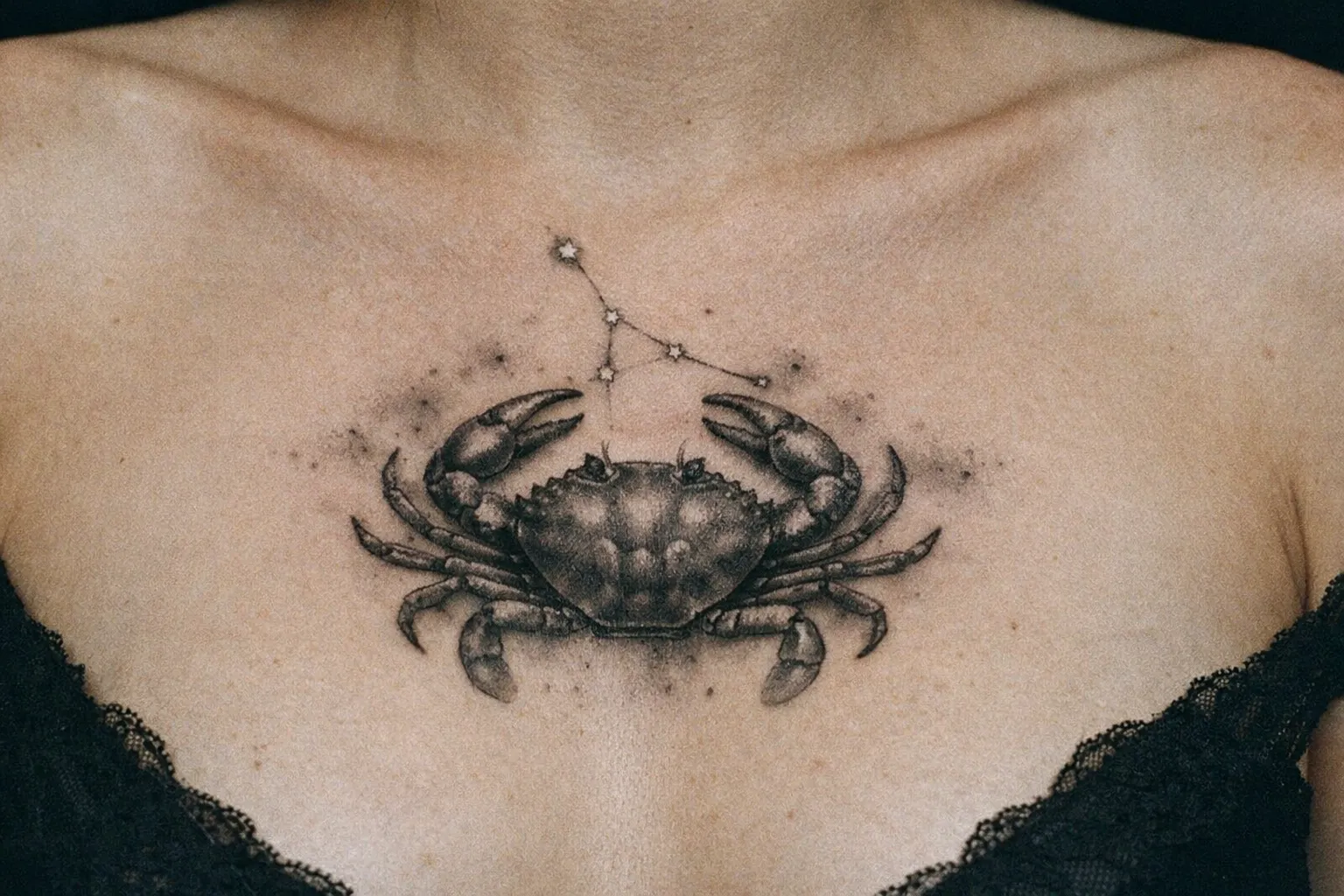 A person with a detailed crab and constellation tattoo on their chest.