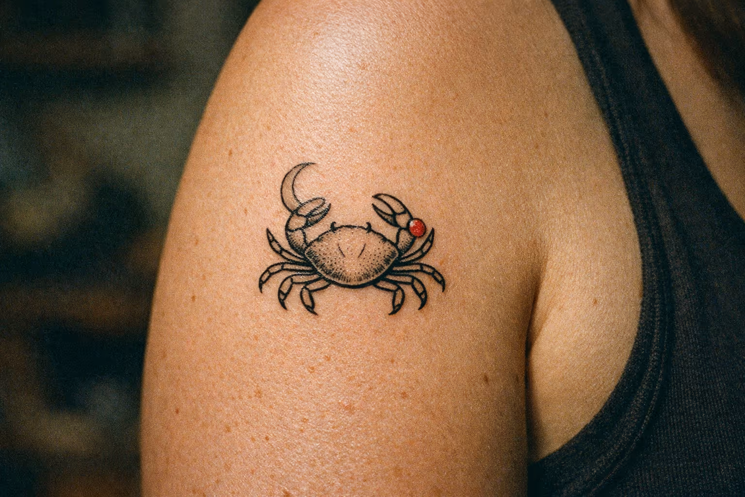 A crab tattoo is visible on a person's upper arm.