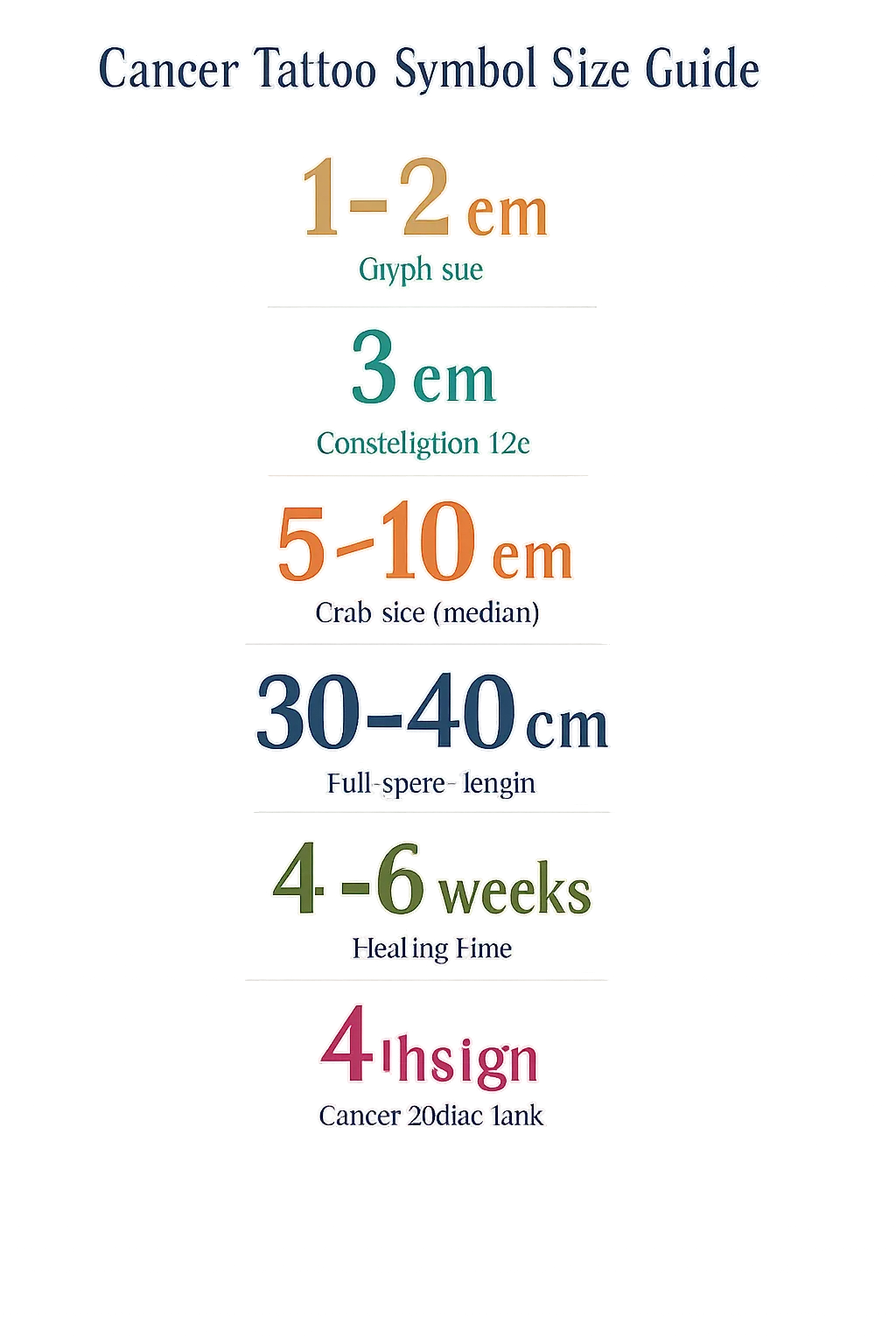 Graphic showing Cancer tattoo size data: glyph 1-2 cm, constellation 3 cm, crab 5-10 cm, spine 30-40 cm, healing 4-6 weeks