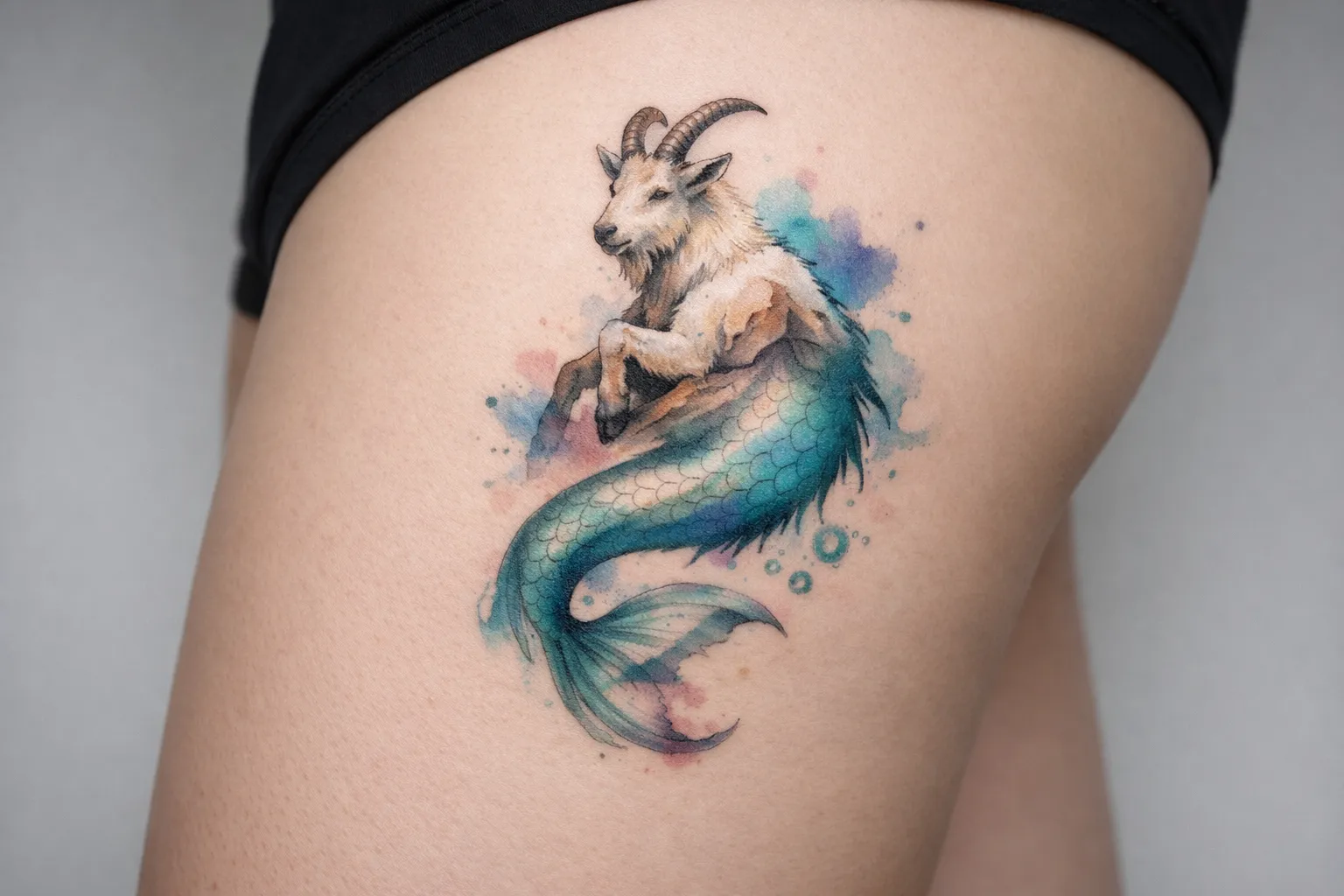 A tattoo of a goat with a mermaid tail is inked on a person's thigh.
