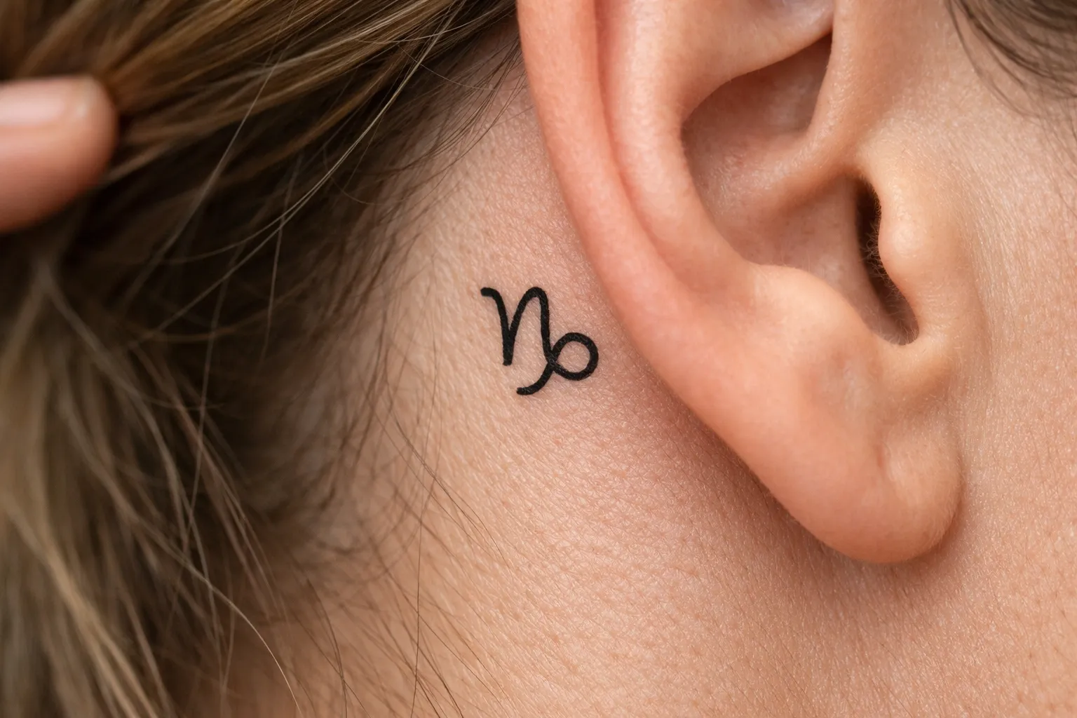 Capricorn zodiac symbol tattooed behind a person's ear.
