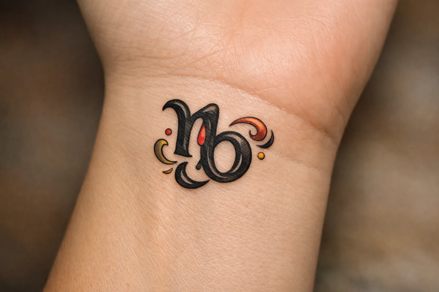 A wrist tattoo of the Capricorn zodiac symbol with colorful accents.