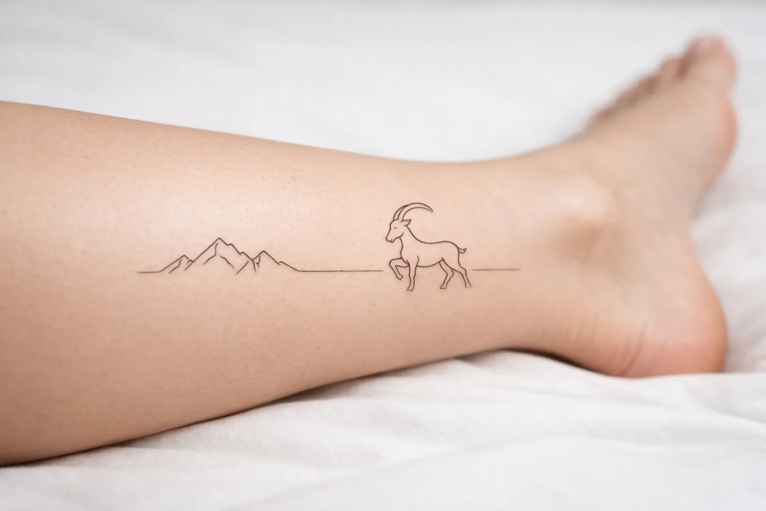 A simple Capricorn goat and mountain line tattoo on a person's lower leg.