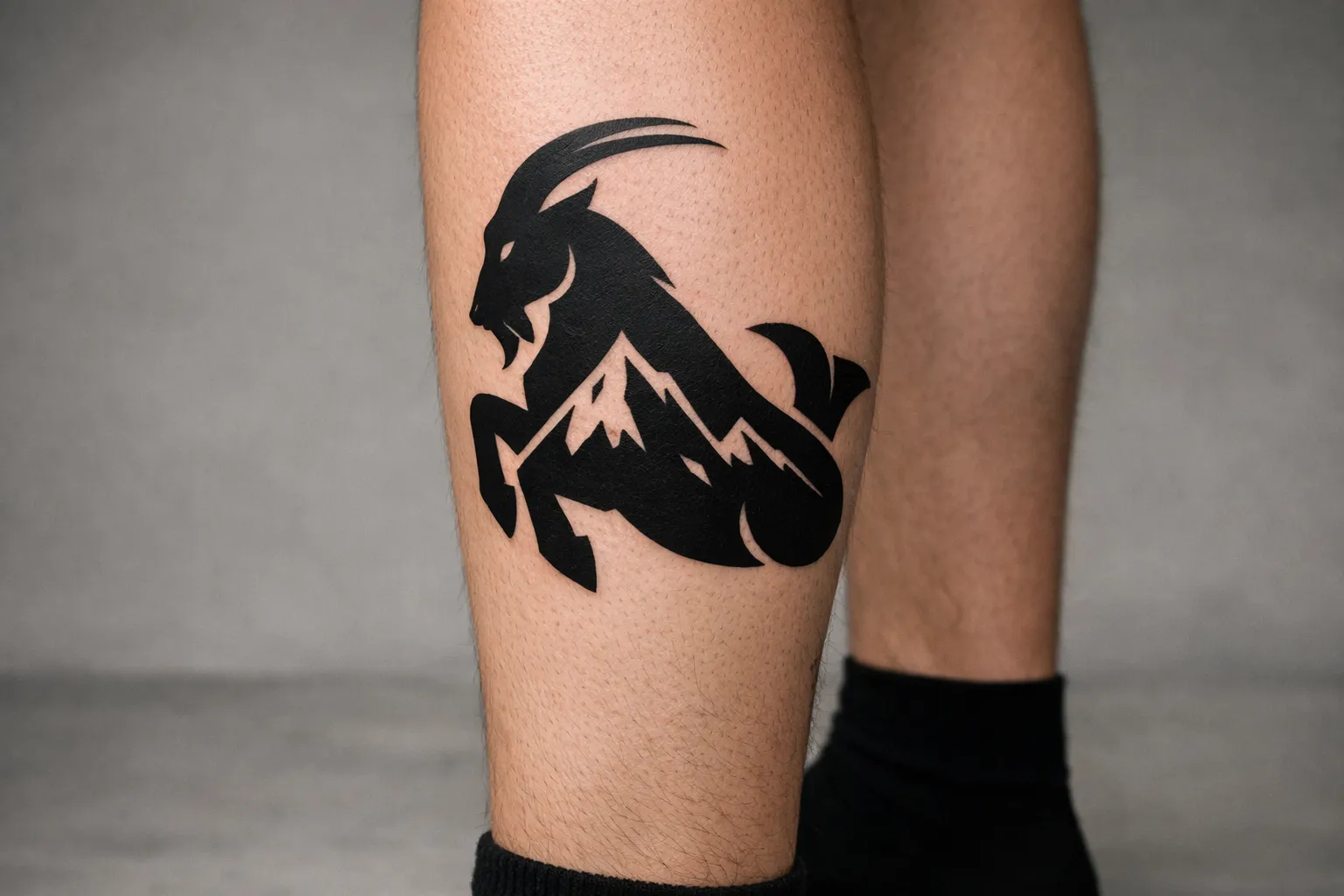 A person with a bold Capricorn goat tattoo on their calf.