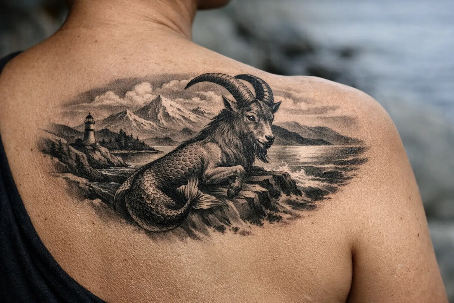 A Capricorn sea-goat tattoo on a person's back depicting a mythical creature by the sea with a lighthouse.