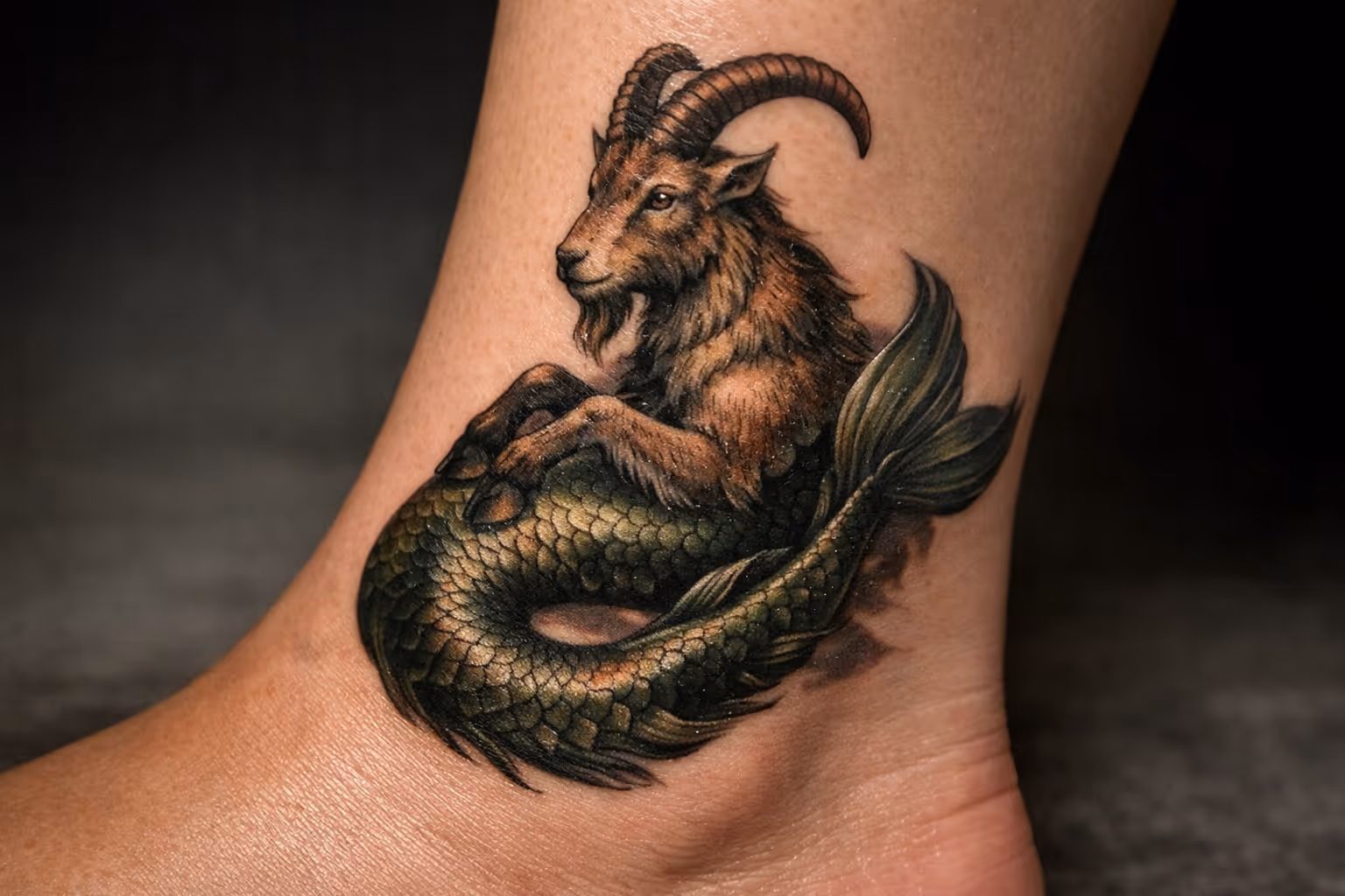 A tattoo of a goat with a fish tail on the side of a person's ankle.
