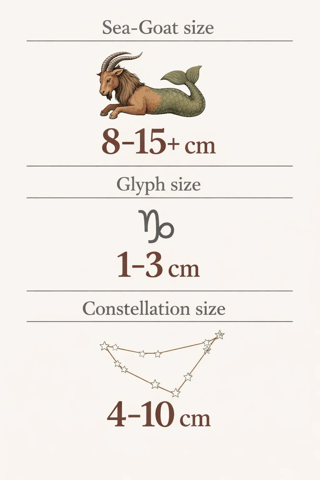 Infographic comparing Capricorn tattoo symbol sizes: Sea-Goat 8-15+ cm, Glyph 1-3 cm, Constellation 4-10 cm.