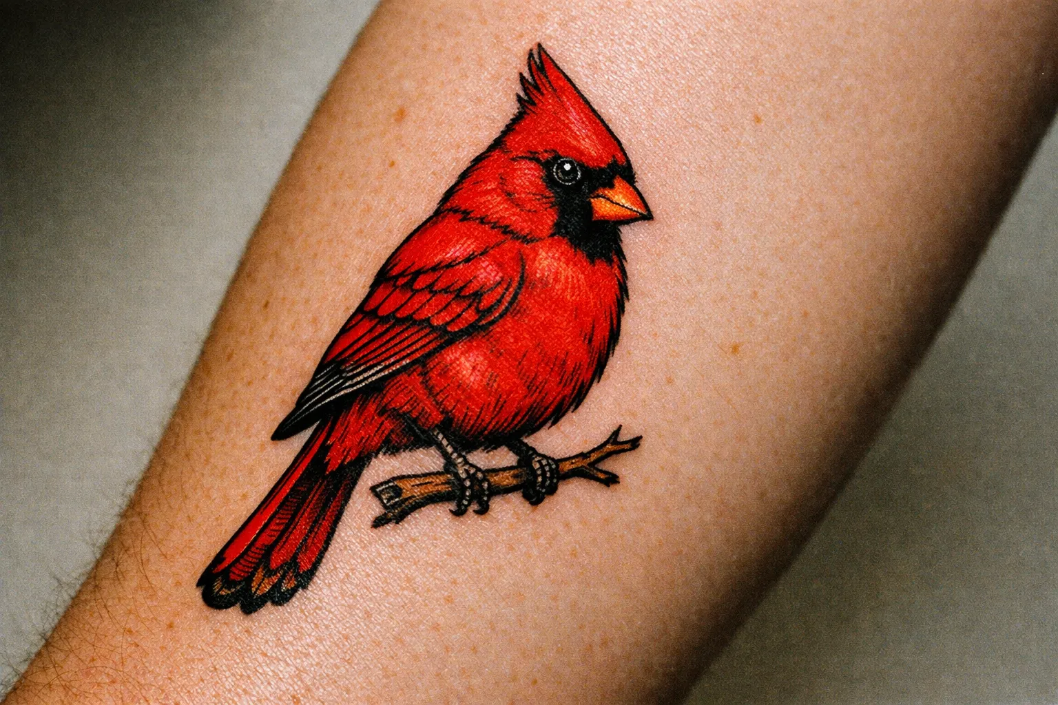 Macro shot of a cardinal tattoo on forearm with bold lines and rich red ink