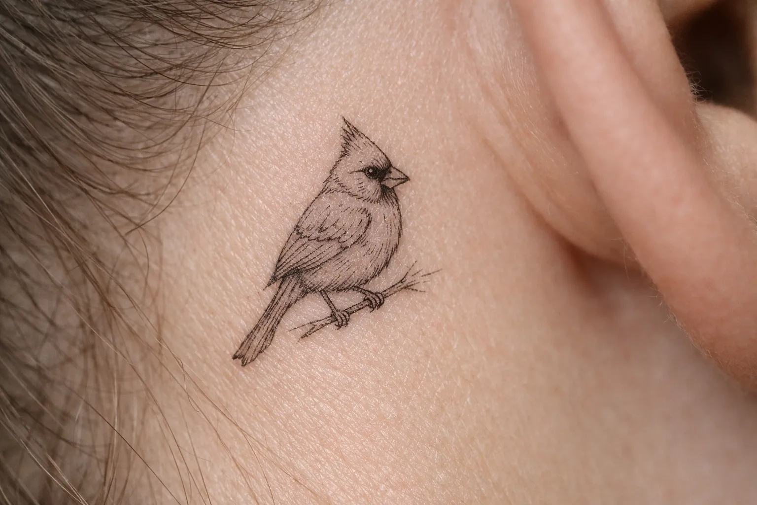 A small cardinal bird tattoo is inked behind a person's ear.