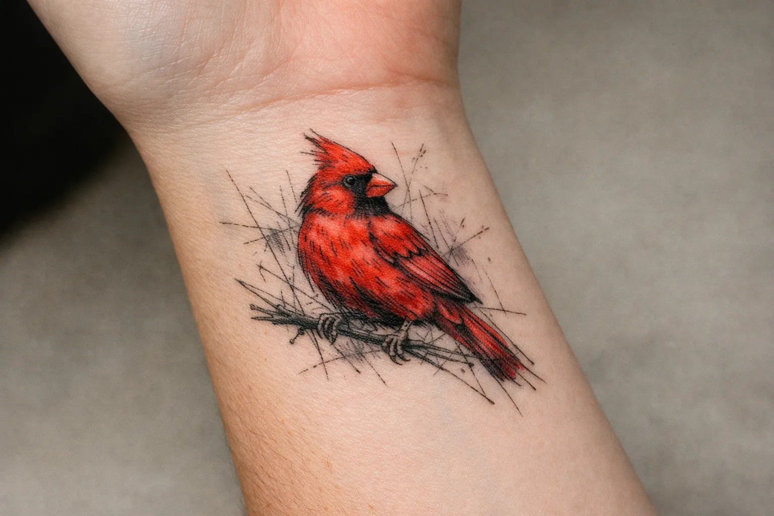 A red cardinal bird tattoo is inked on the inner wrist of a person's arm.