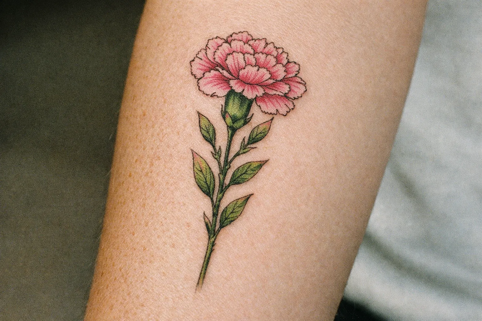 Macro shot of a pink carnation tattoo on a forearm, showing clean linework and subtle shading