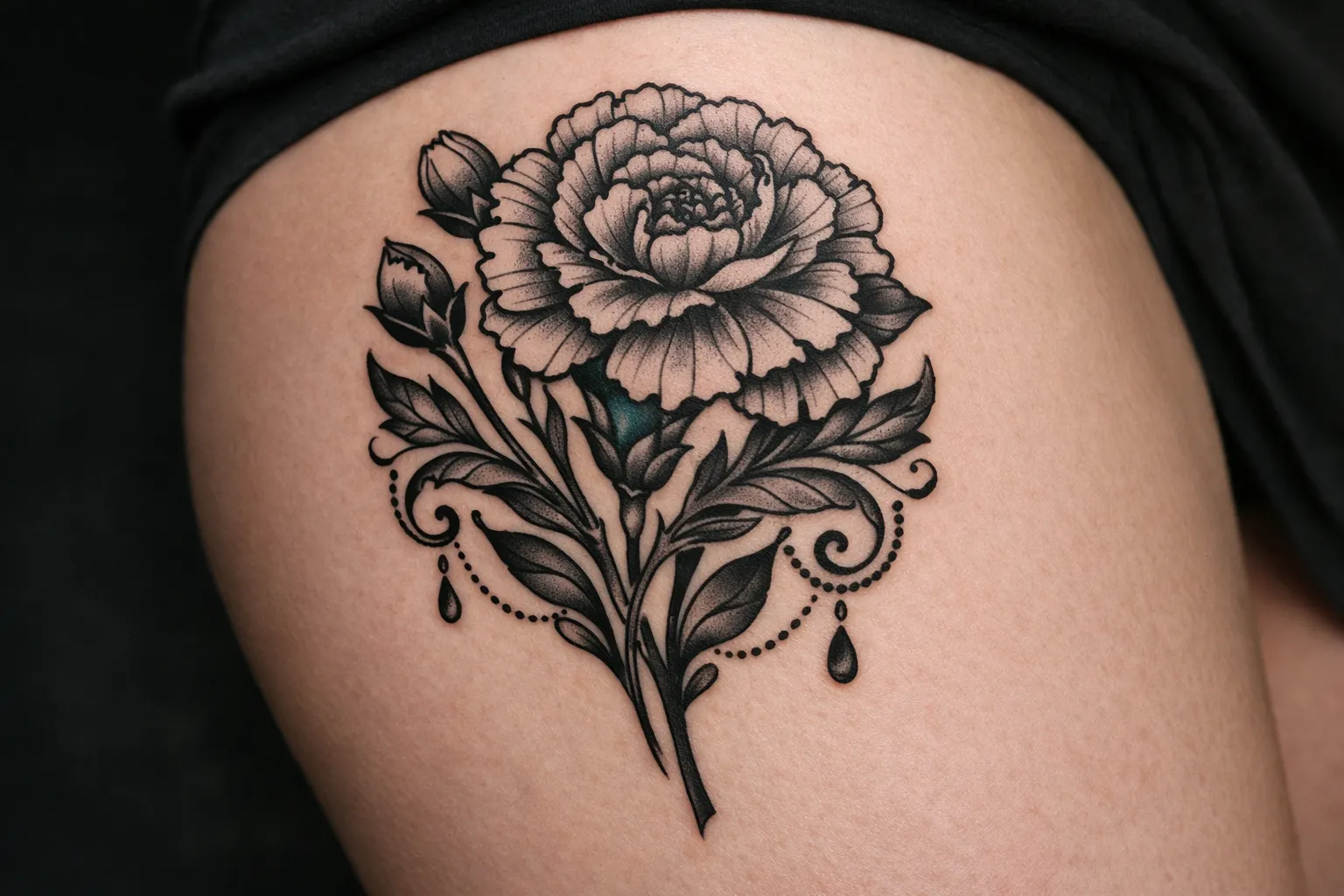 A detailed carnation flower tattoo on a person's upper thigh.