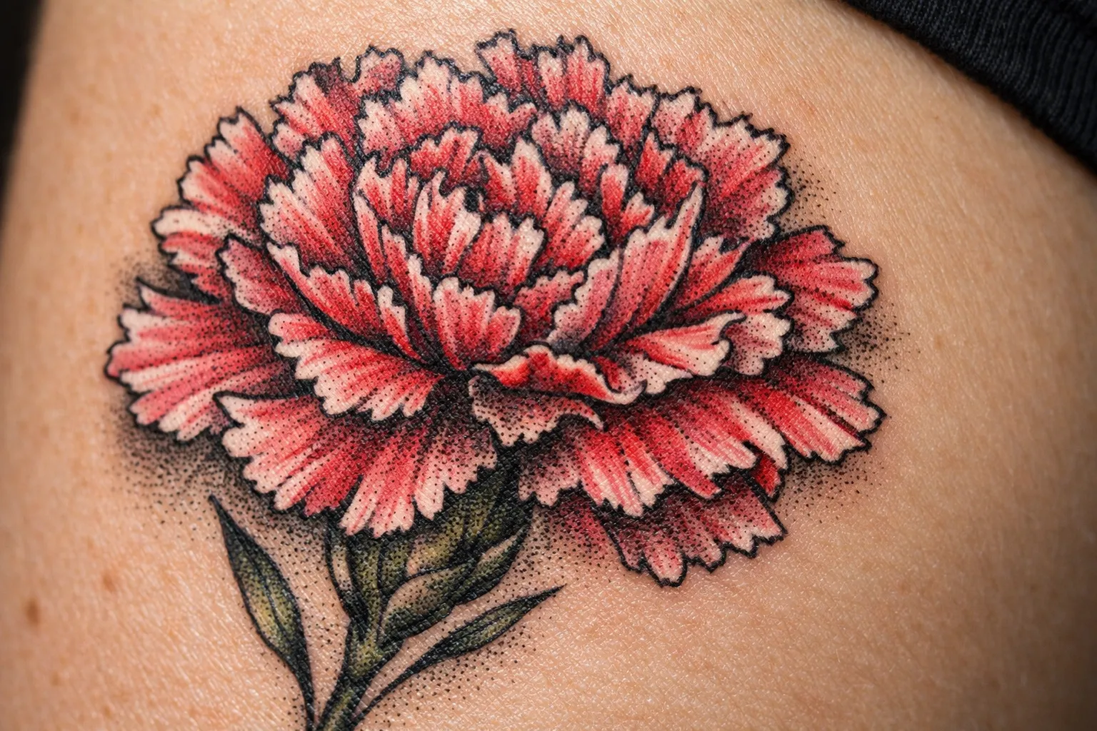 A red carnation flower tattoo is inked on a person's skin.