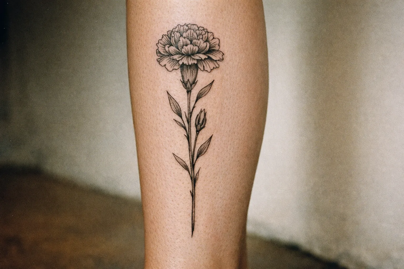 Outer calf carnation tattoo, vertical orientation along the shin