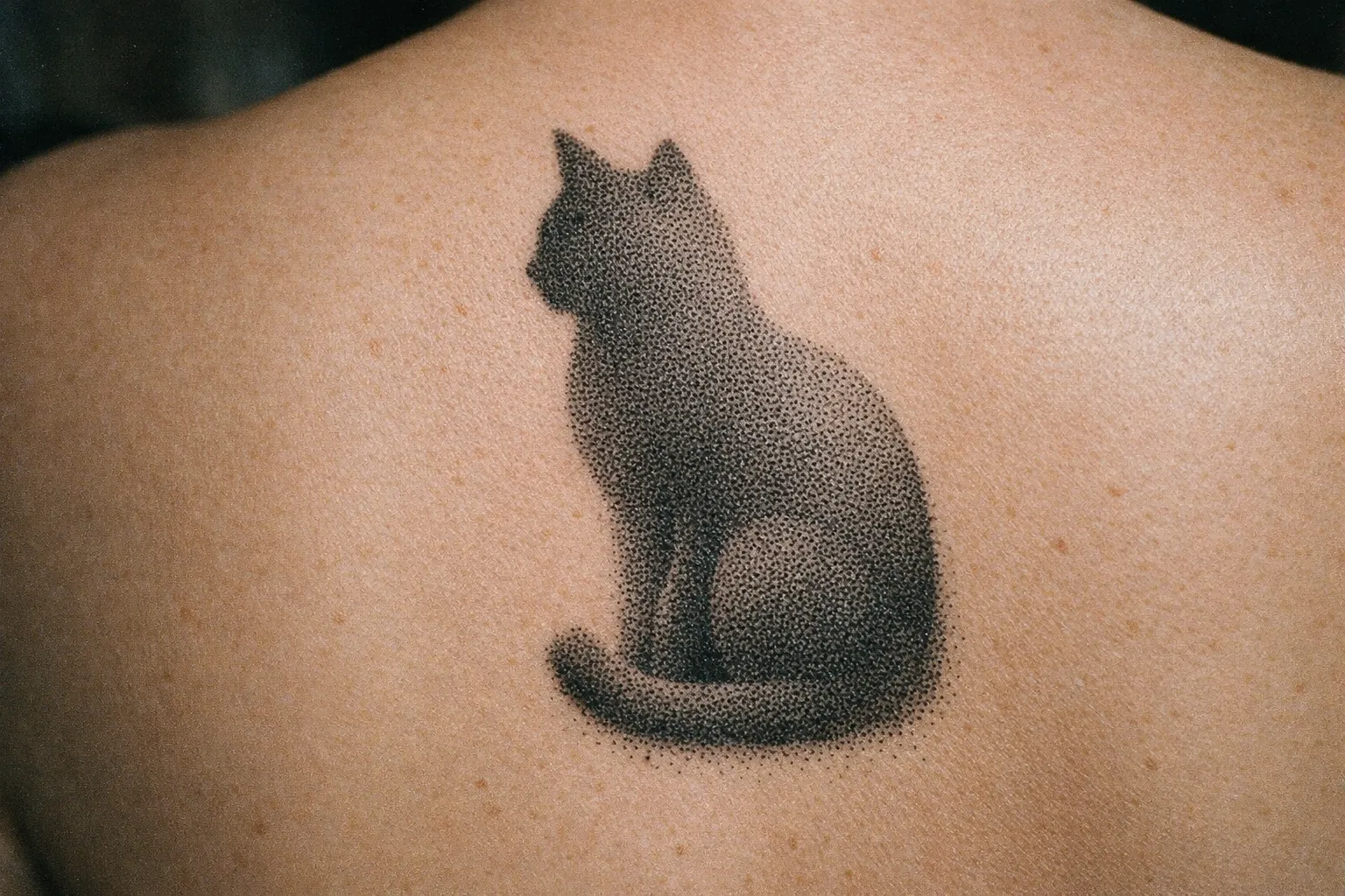 A silhouette cat tattoo is inked on a person's upper back.