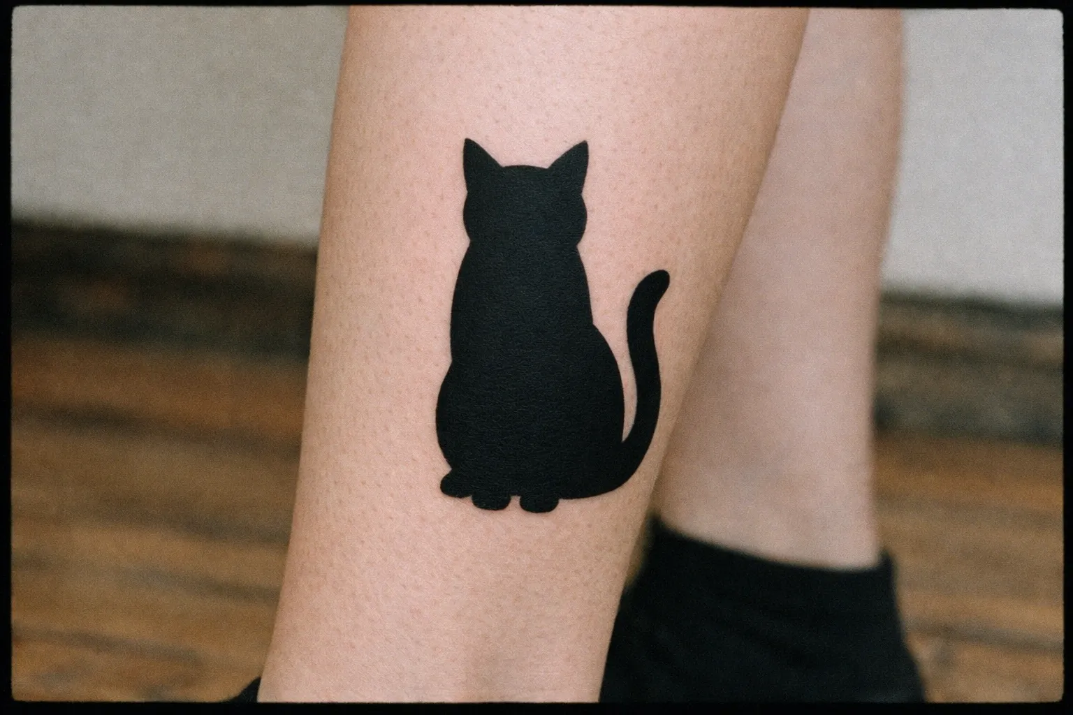 A black cat silhouette tattoo on a person's lower leg indoors.