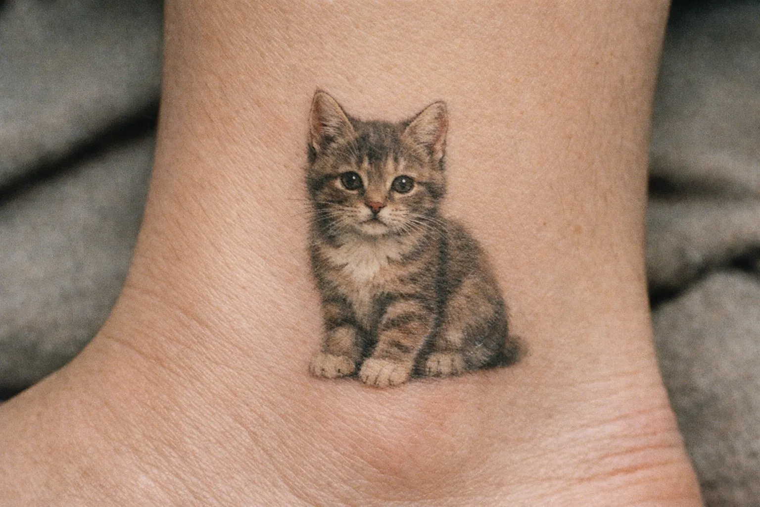 A realistic tattoo of a kitten is inked on someone's ankle.