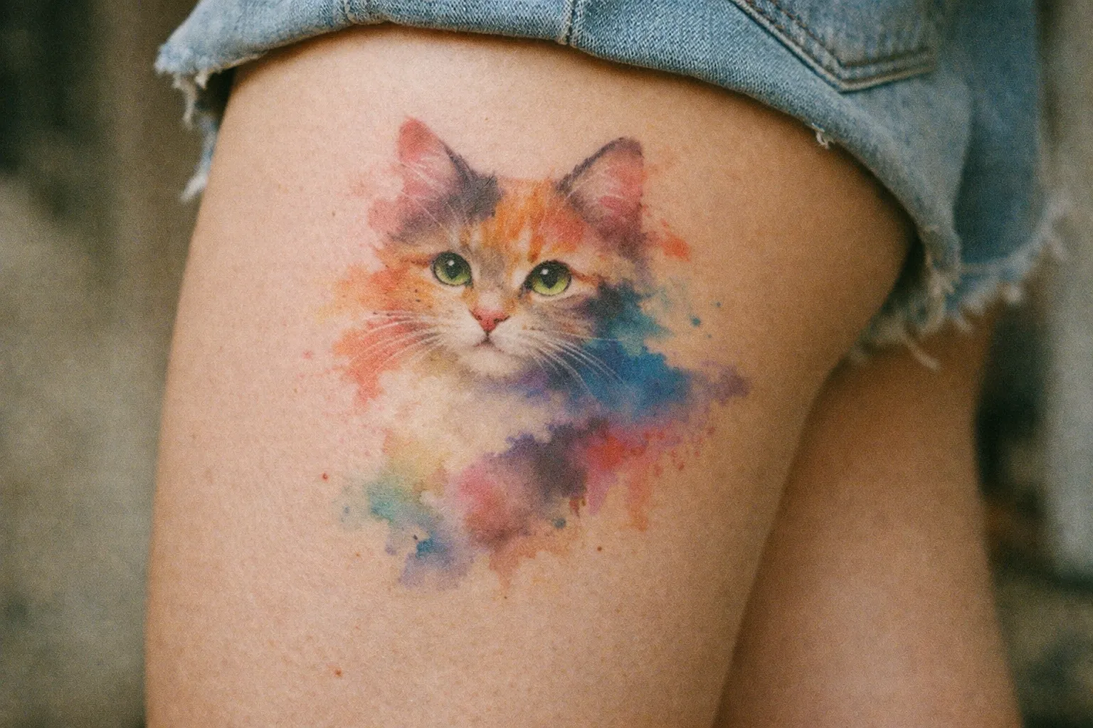 A colorful cat face tattoo is shown on a person's thigh wearing denim shorts.