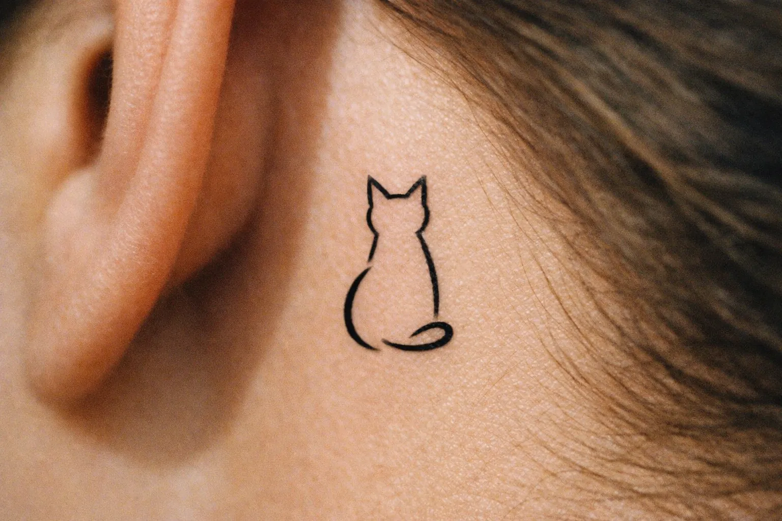 A simple cat outline tattoo behind a person's ear.