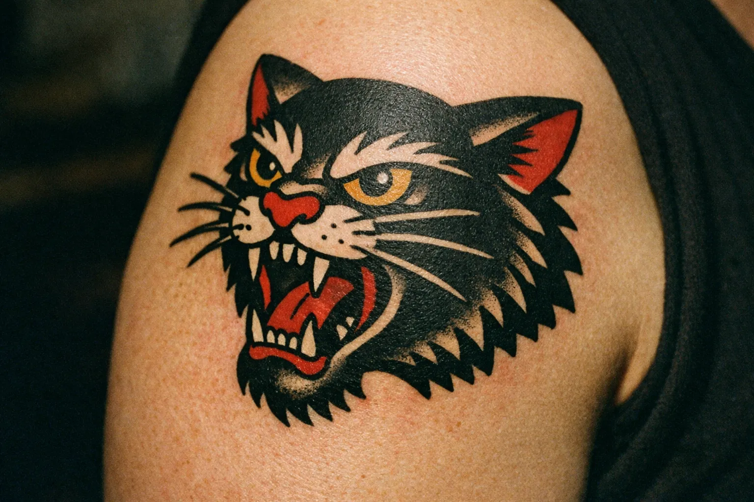 A traditional-style tattoo of a snarling black cat's head on a person's upper arm.