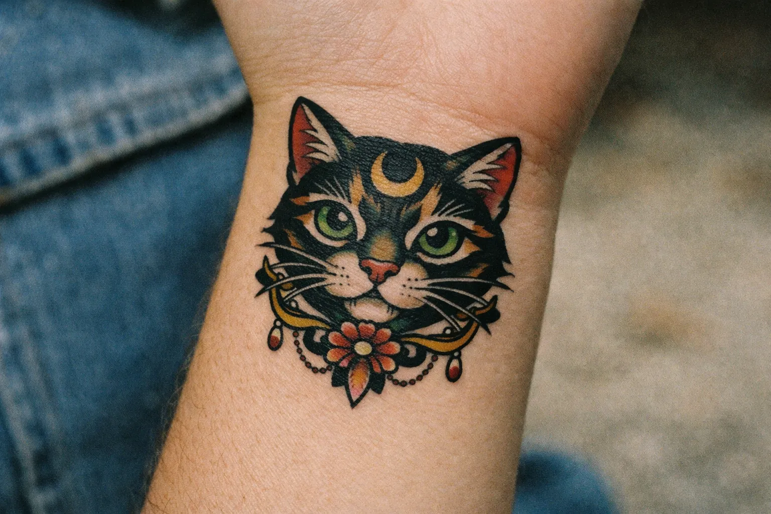 A colorful cat tattoo is displayed on a person's wrist outdoors.