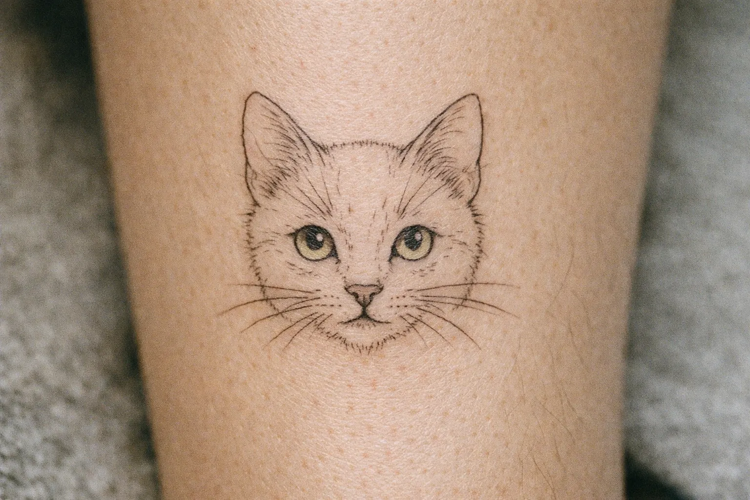 A finely detailed cat face tattoo on a person's leg.