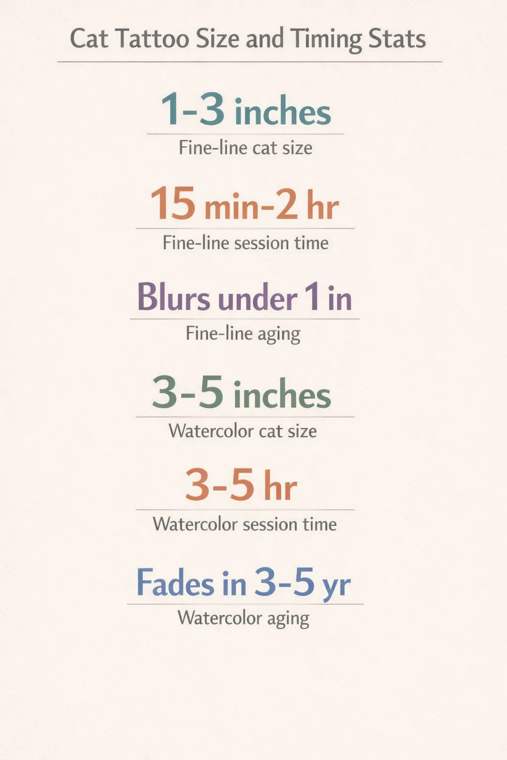 Six data points showing cat tattoo size and session times for minimalist and watercolor styles.