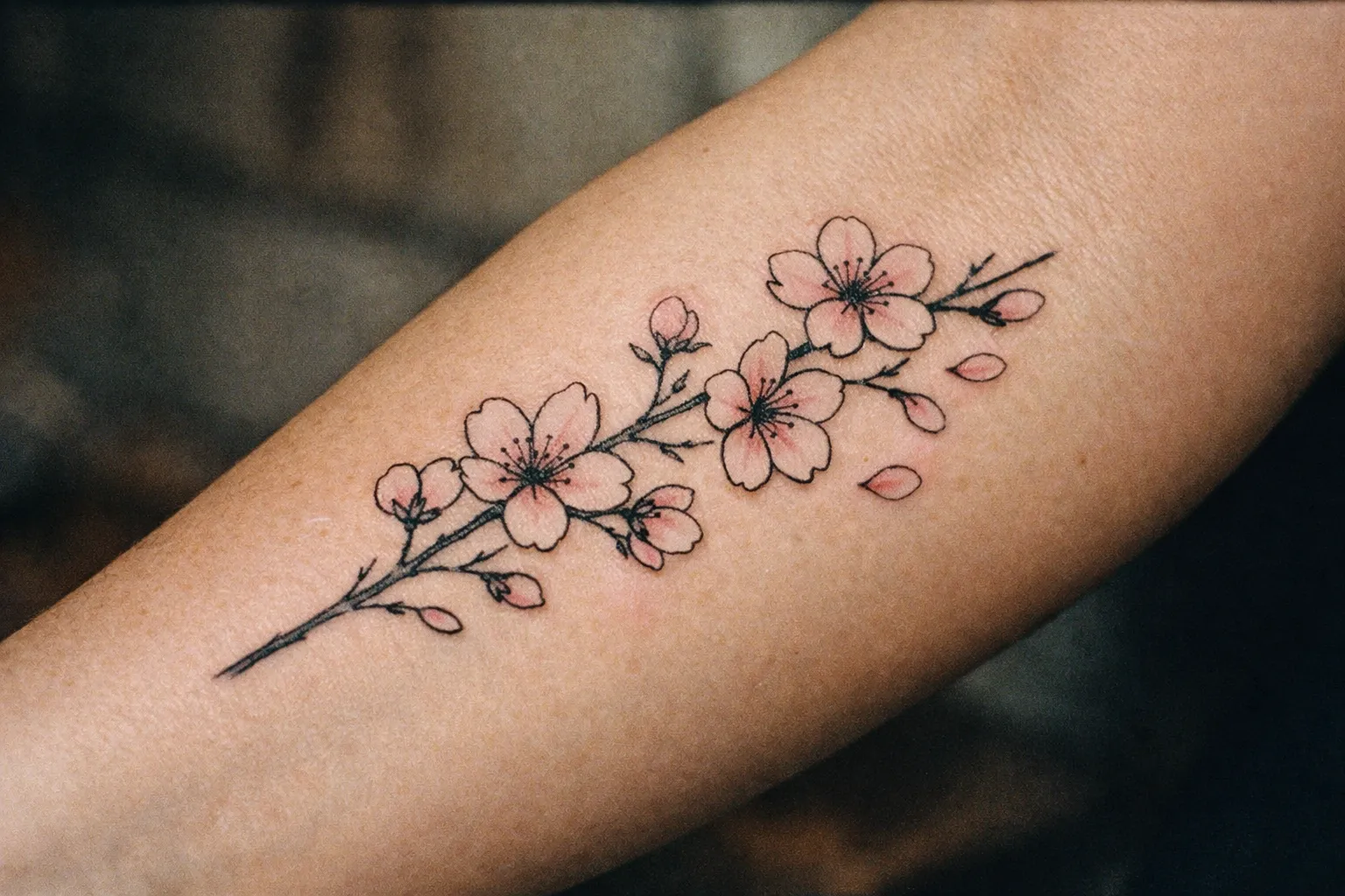 Forearm cherry blossom tattoo close-up on outer forearm, symbolism-focused editorial macro