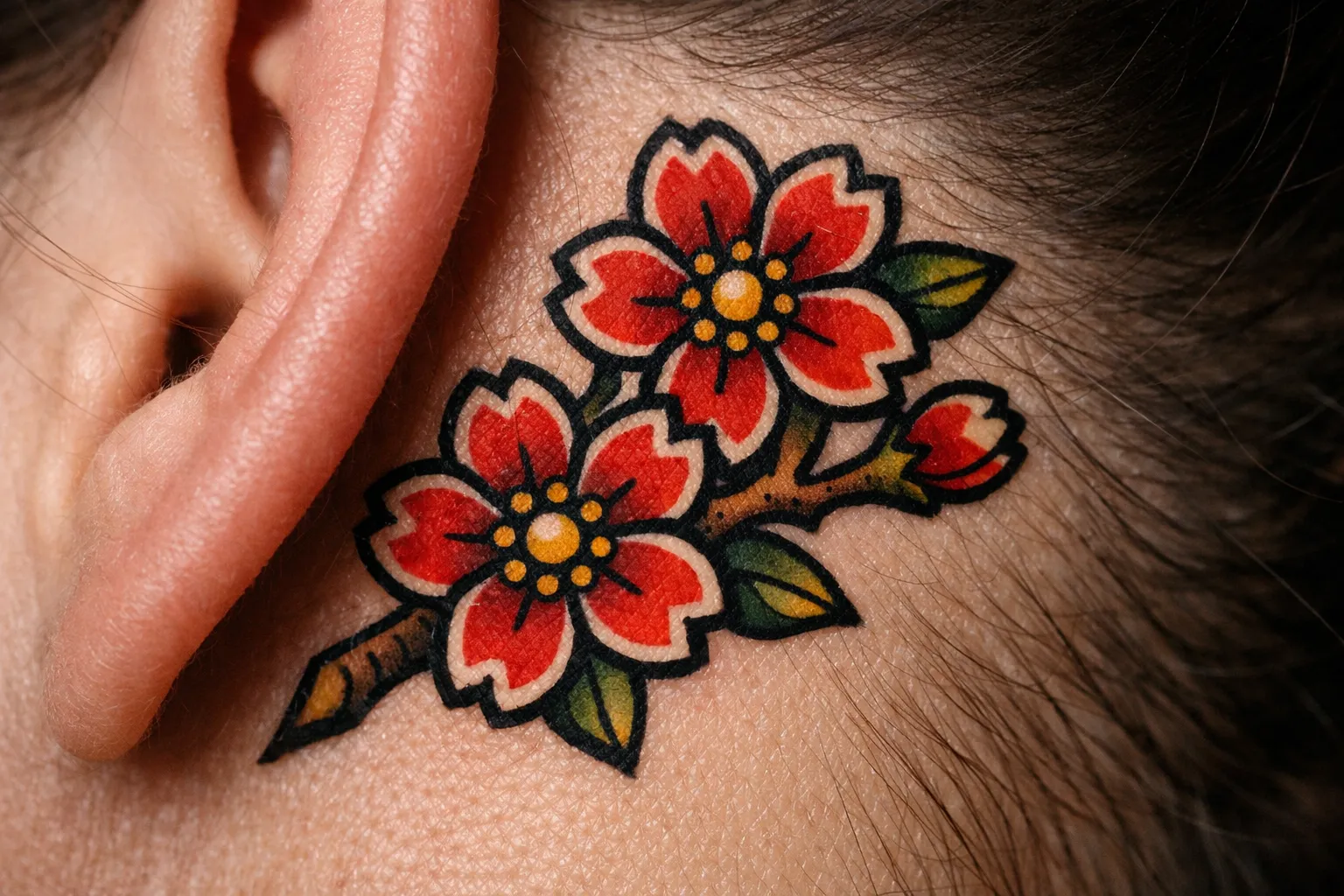 A cherry blossom branch tattoo is shown behind a person's ear.