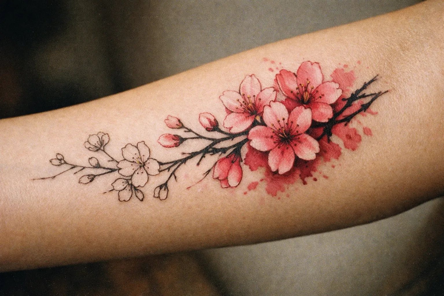 Forearm cherry blossom tattoo in watercolor style, macro editorial