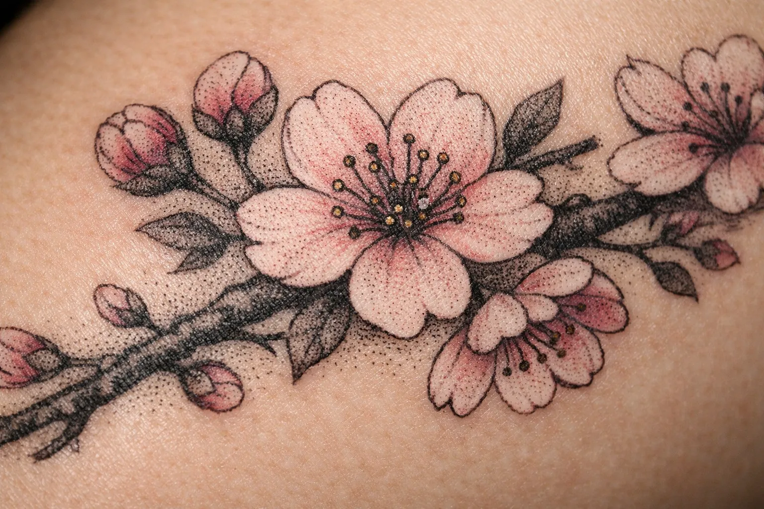 A cherry blossom branch tattoo with pink flowers and buds on skin.