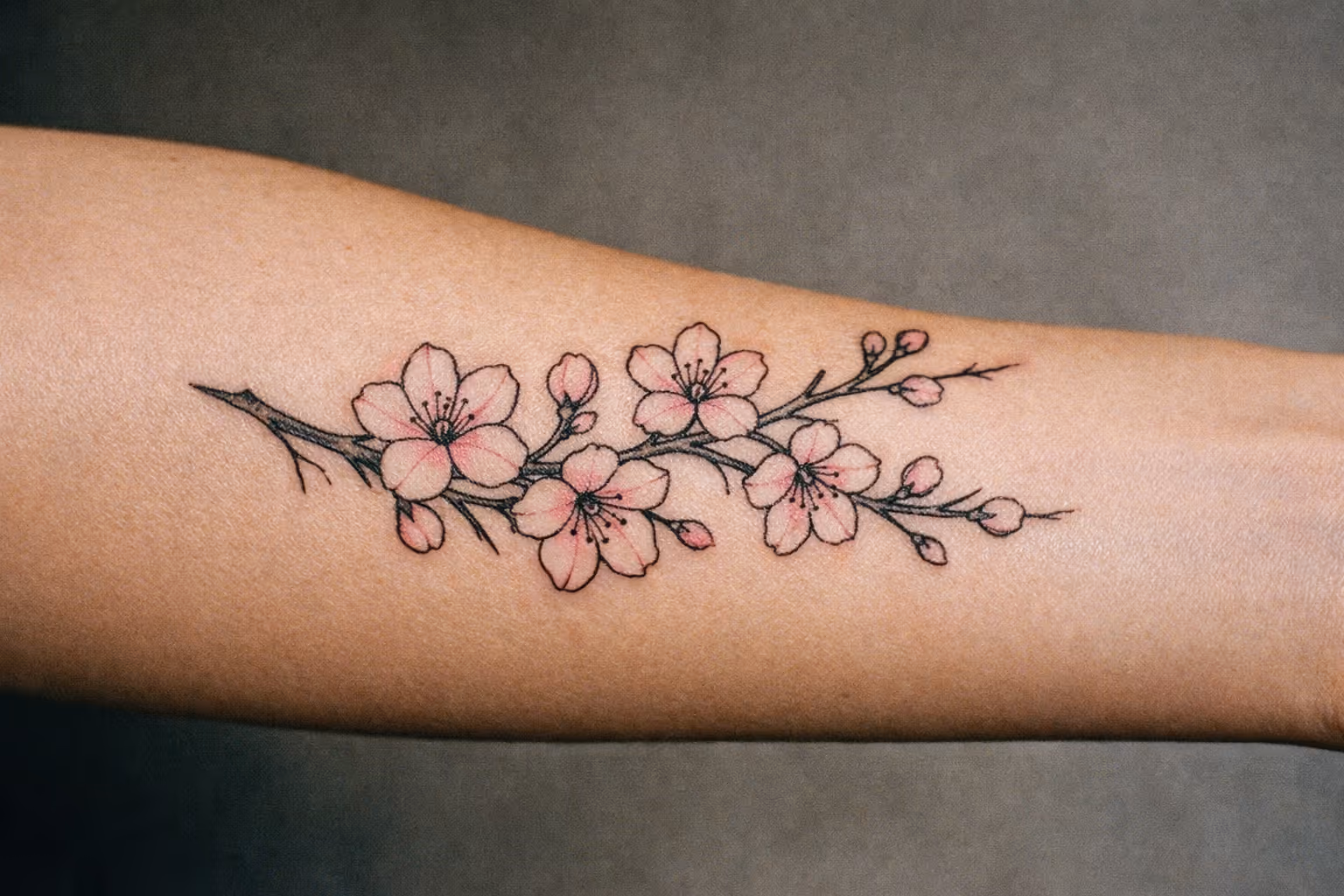 Hero editorial close-up of a healed cherry blossom tattoo on the forearm in soft studio light