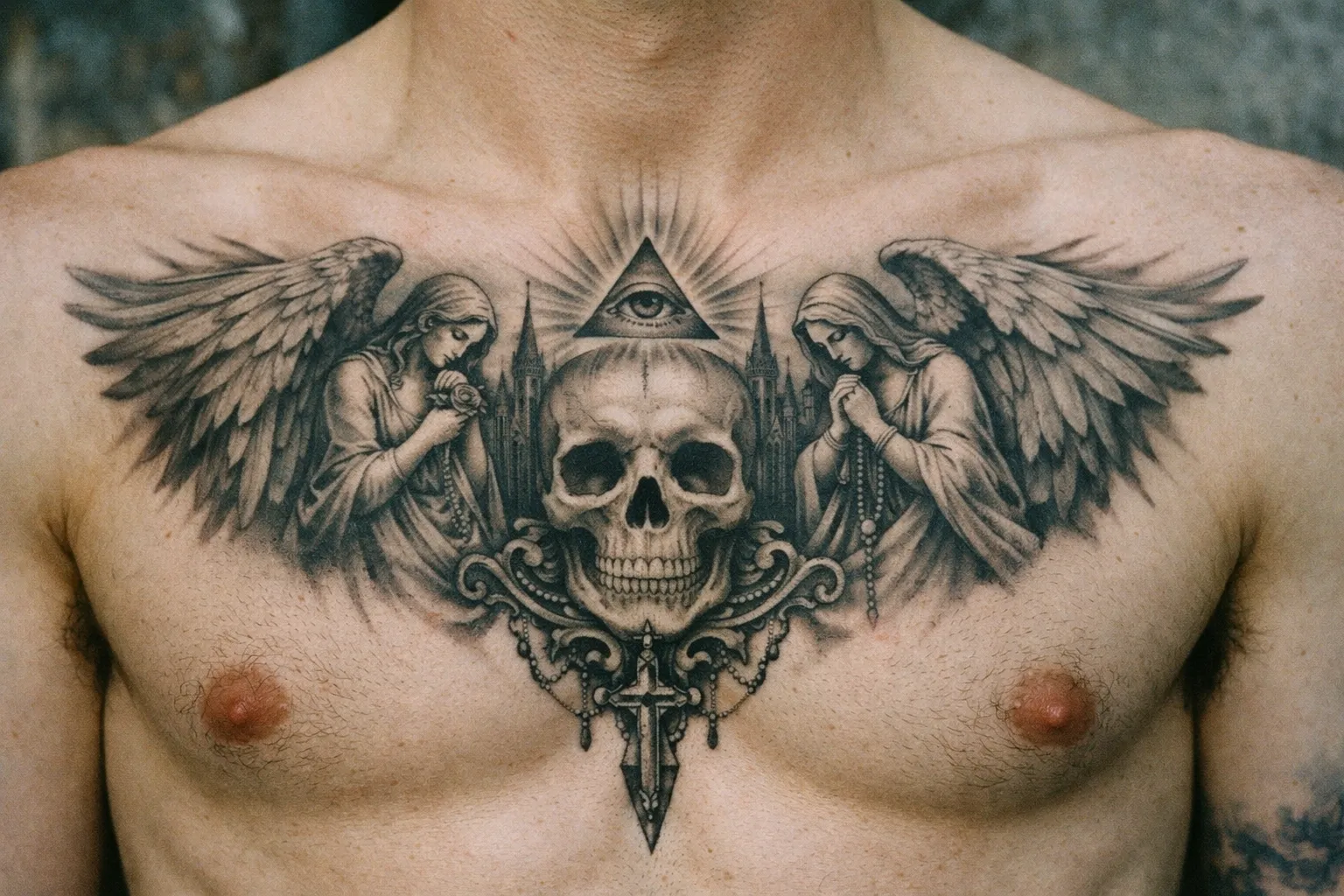 A person with a large chest tattoo featuring angels, a skull, an all-seeing eye, and a cross.
