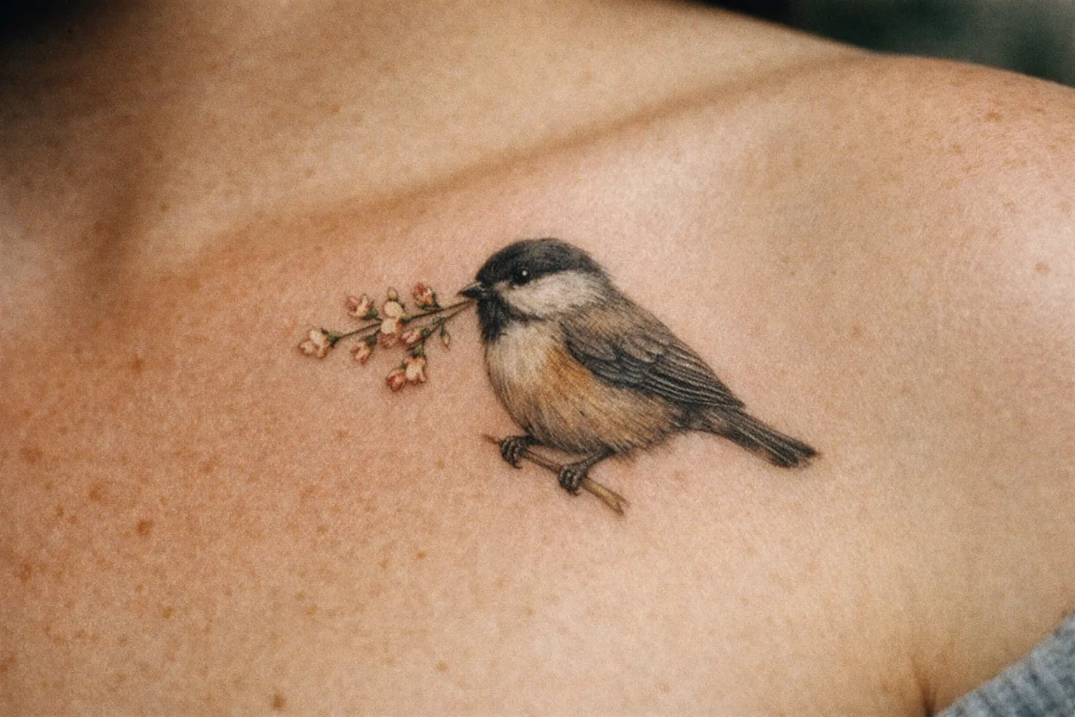 A bird holding a twig with flowers is tattooed on the upper chest near the collarbone.