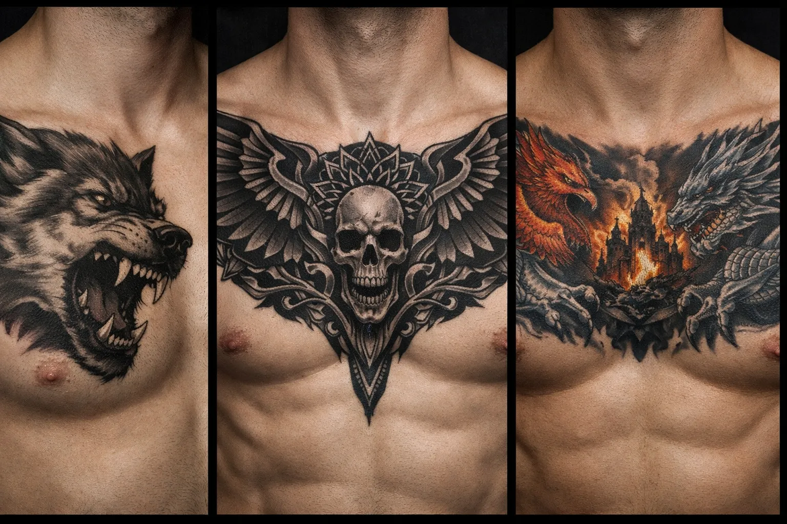 Three chest tattoo styles side by side on male torsos: a realistic wolf on one pec, a symmetrical winged skull across the sternum, and a full-chest phoenix-versus-dragon scene