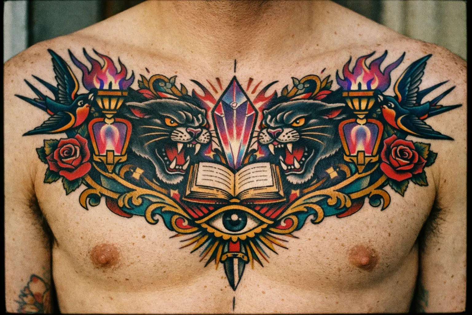 A person with a large, colorful chest tattoo featuring panthers, birds, and an open book.
