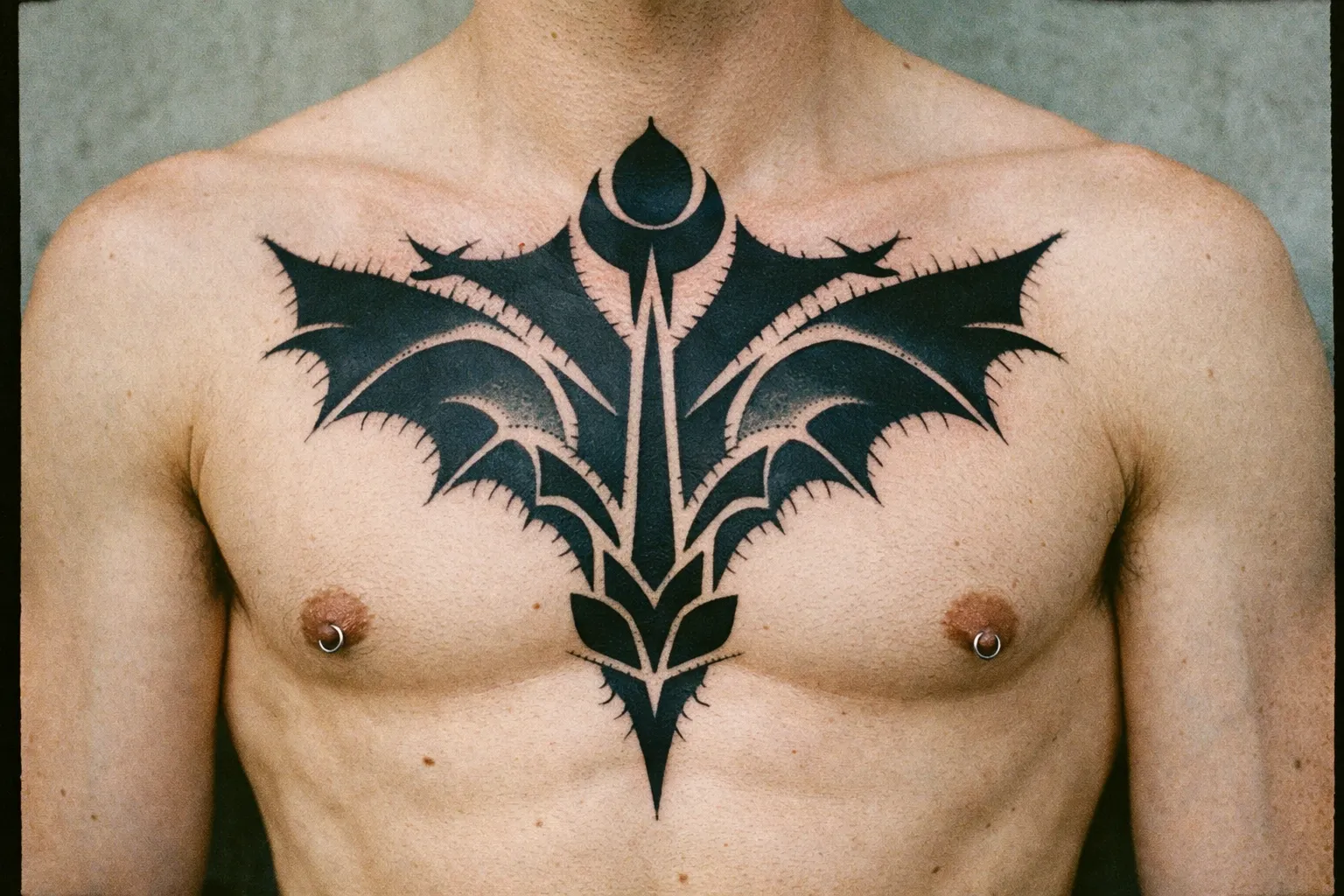 A person with a large geometric blackwork tattoo covering their chest.