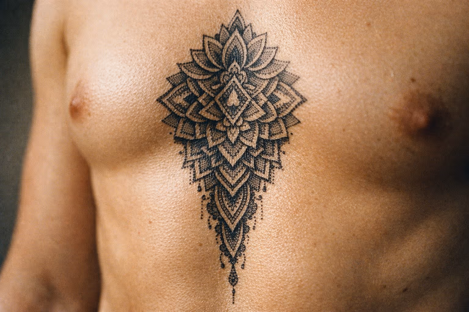 A person with an intricate geometric tattoo on their chest.