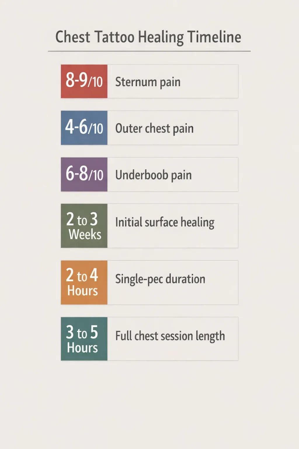 Healing timeline with pain by chest zone (sternum 8-9/10; outer chest 4-6/10; underboob 6-8/10) and healing durations