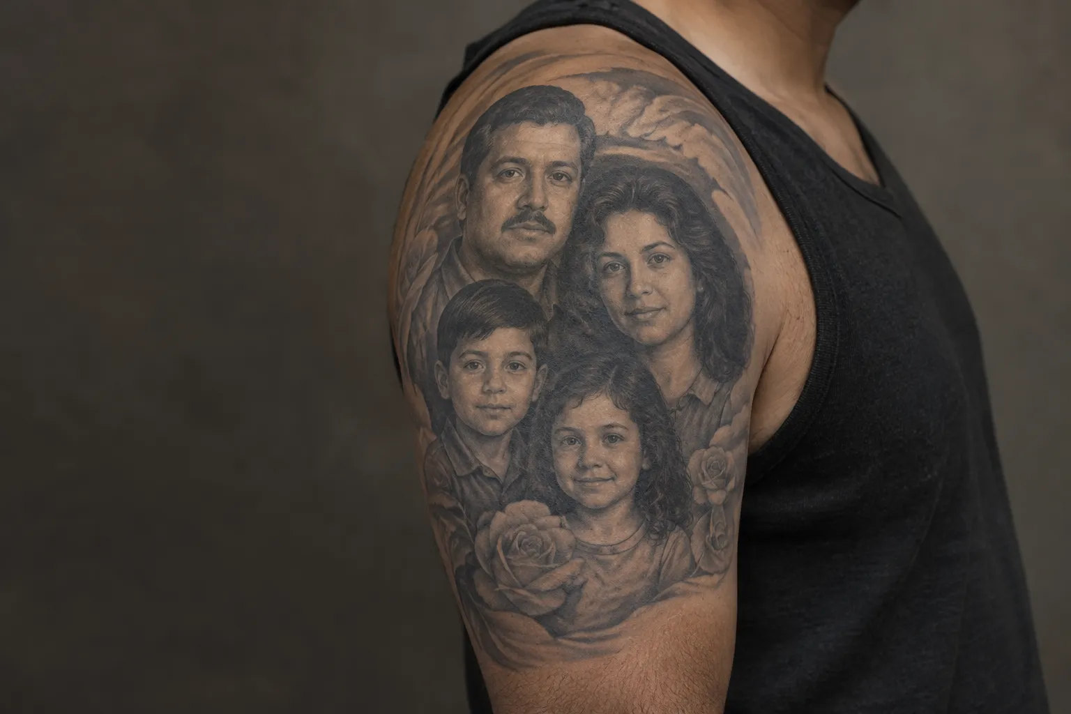 A black-and-gray family portrait tattoo with roses covers a person's upper arm.