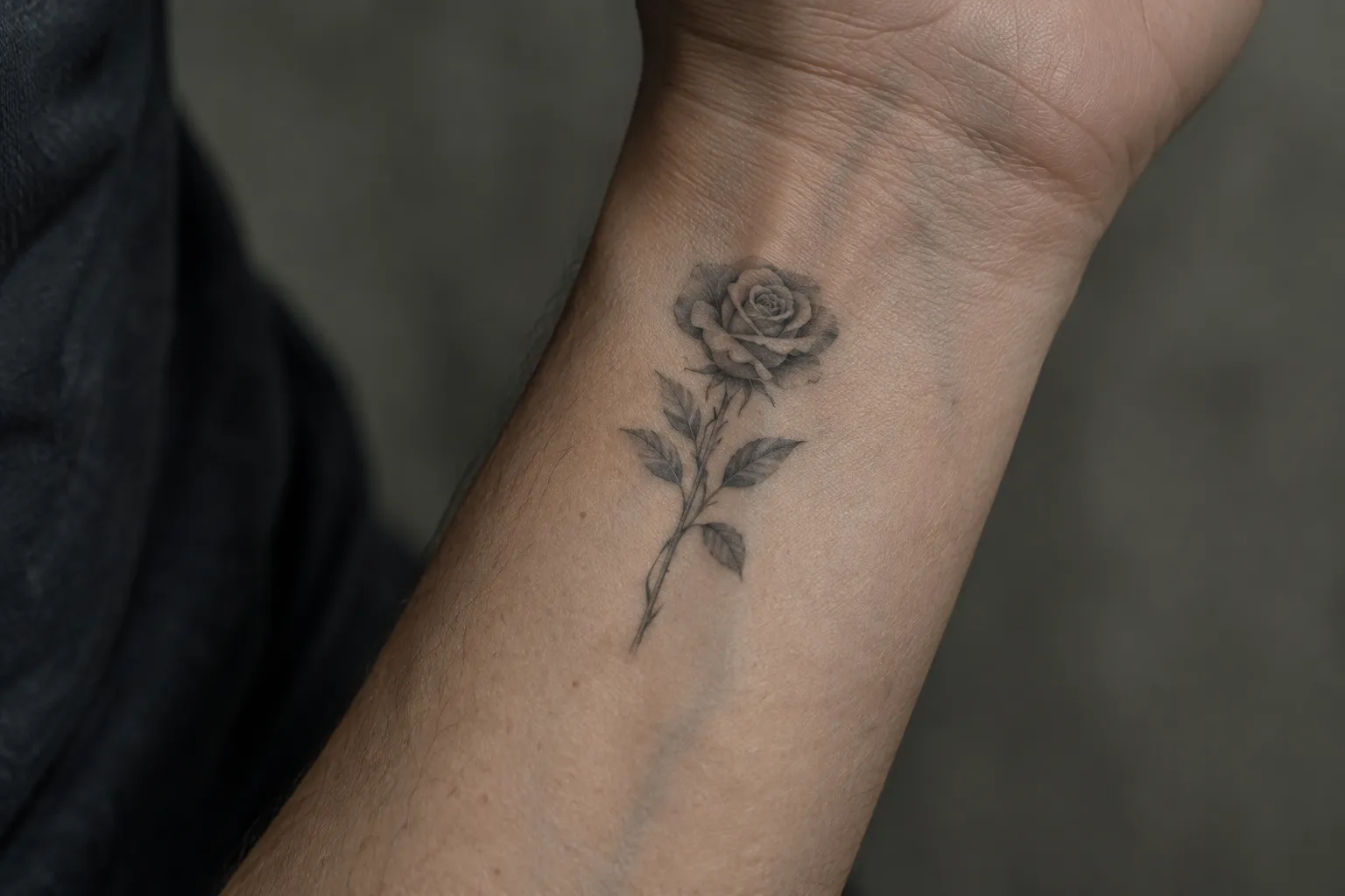 A black-and-grey rose tattoo on a person's inner forearm.
