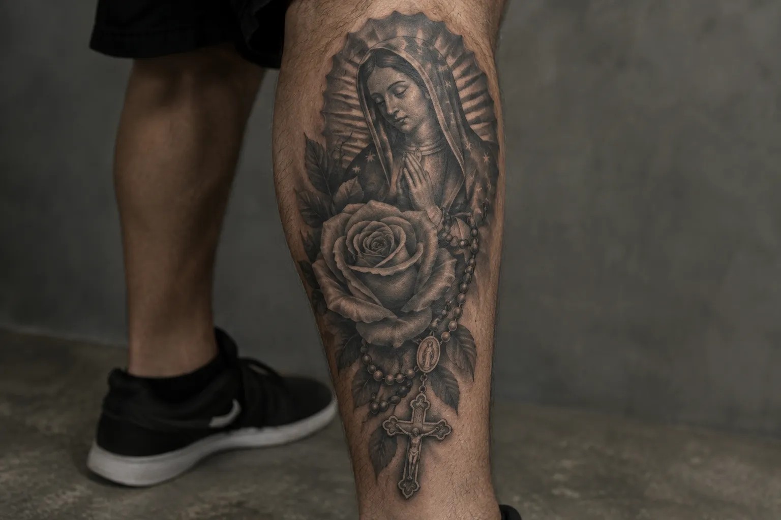 A black-and-gray tattoo of the Virgin Mary, a rose, and a rosary covers a person's lower leg.