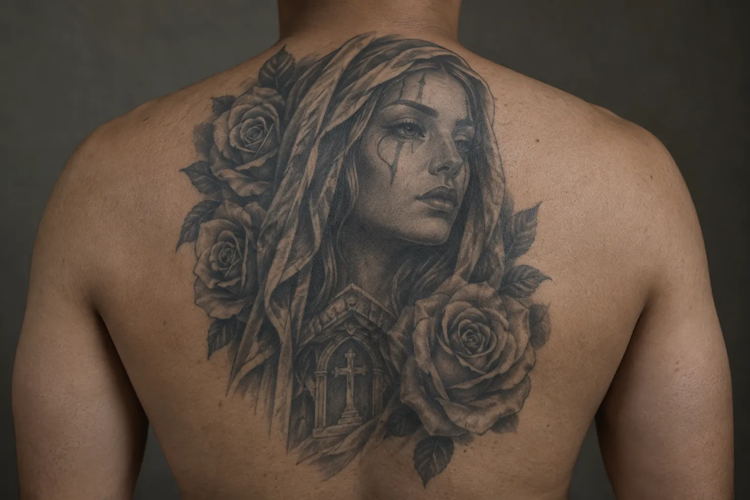 A person's back bears a large black-and-gray tattoo of a veiled woman, roses, and a chapel.
