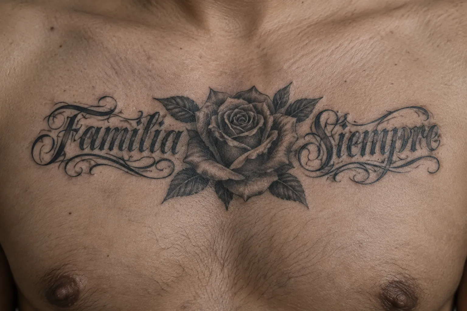 A man's chest bears a black-and-gray rose tattoo with the words 'Familia Siempre' in ornate lettering.