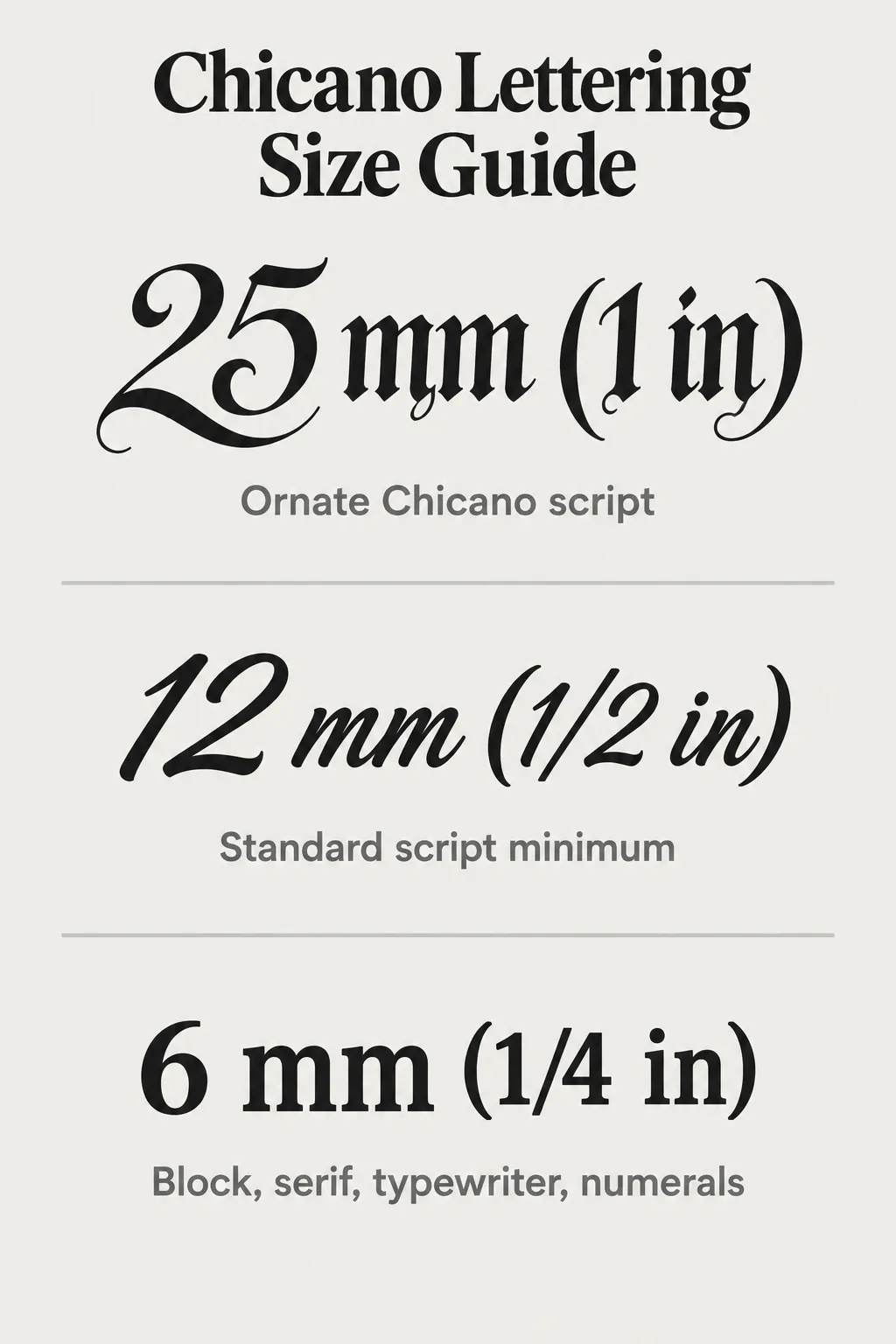 Chicano lettering size guide: ornate script 25 mm (1 in), standard script 12 mm (1/2 in), block lettering 6 mm (1/4 in).