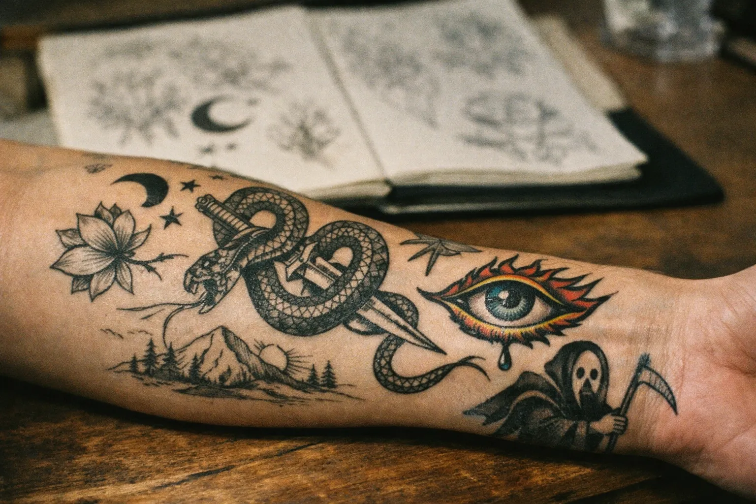 Forearm tattoo with a portfolio in soft focus in the background